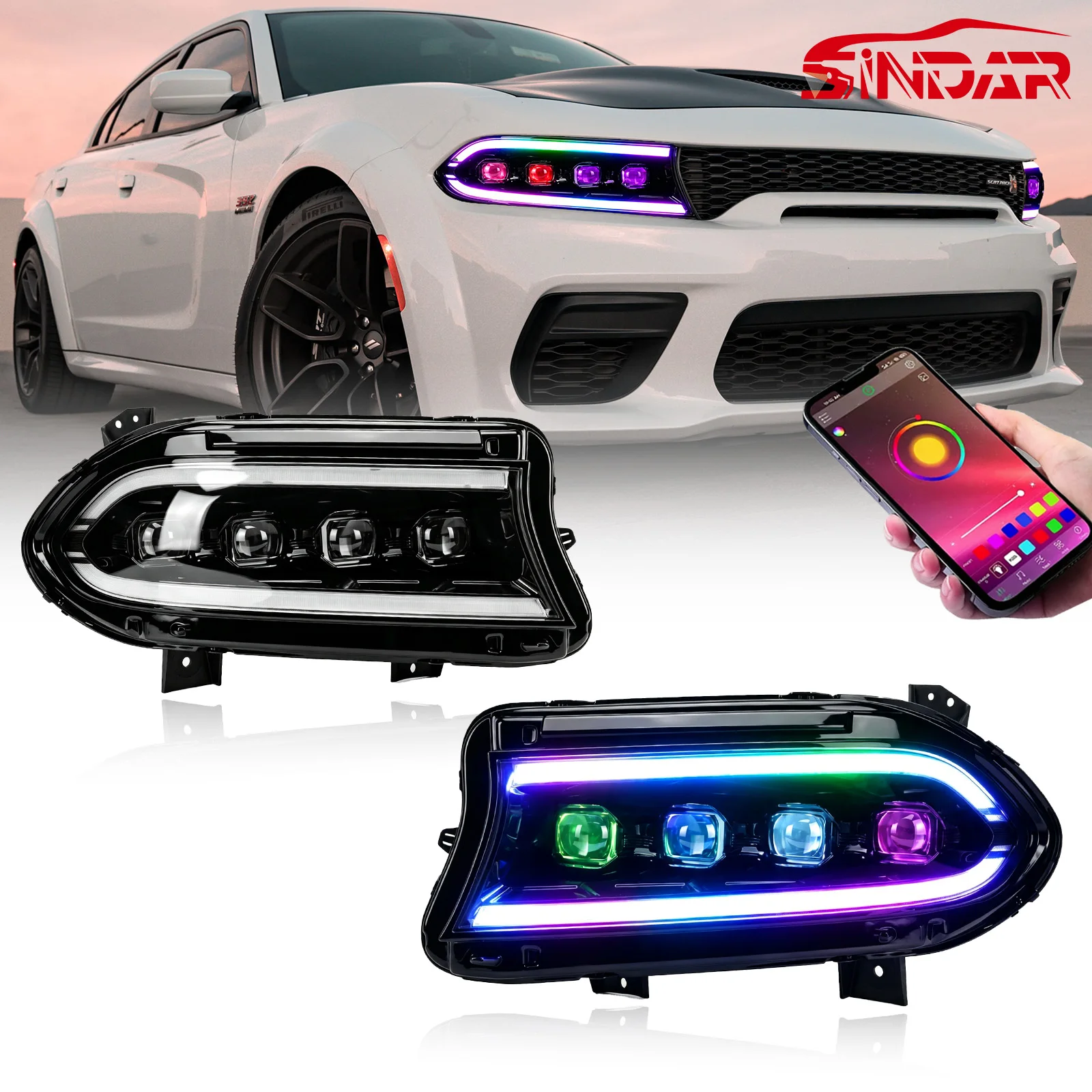 SINDAR Full RGB Headlights For 2015-2021 Dodge Charger 2015 Facelift 4 Bulbs
