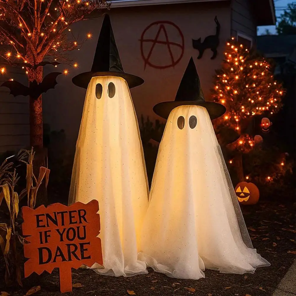 Yard Ghost Decor Halloween Ghost Decorations Halloween Outdoor Standing Ghost Decoration with Witch Hat Led String Lights Spooky