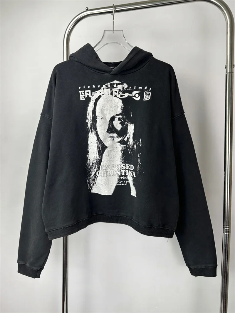 Poster print oversized ERD hoodie, pure cotton washed black men's sportswear, streetwear