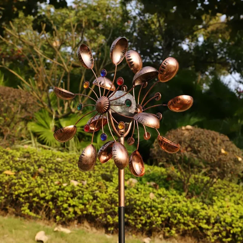 Outdoor Metal Windmills Garden Ornament Solar Led Light With 360 Degree Rotation Iron Wind Spinner Decor Garden