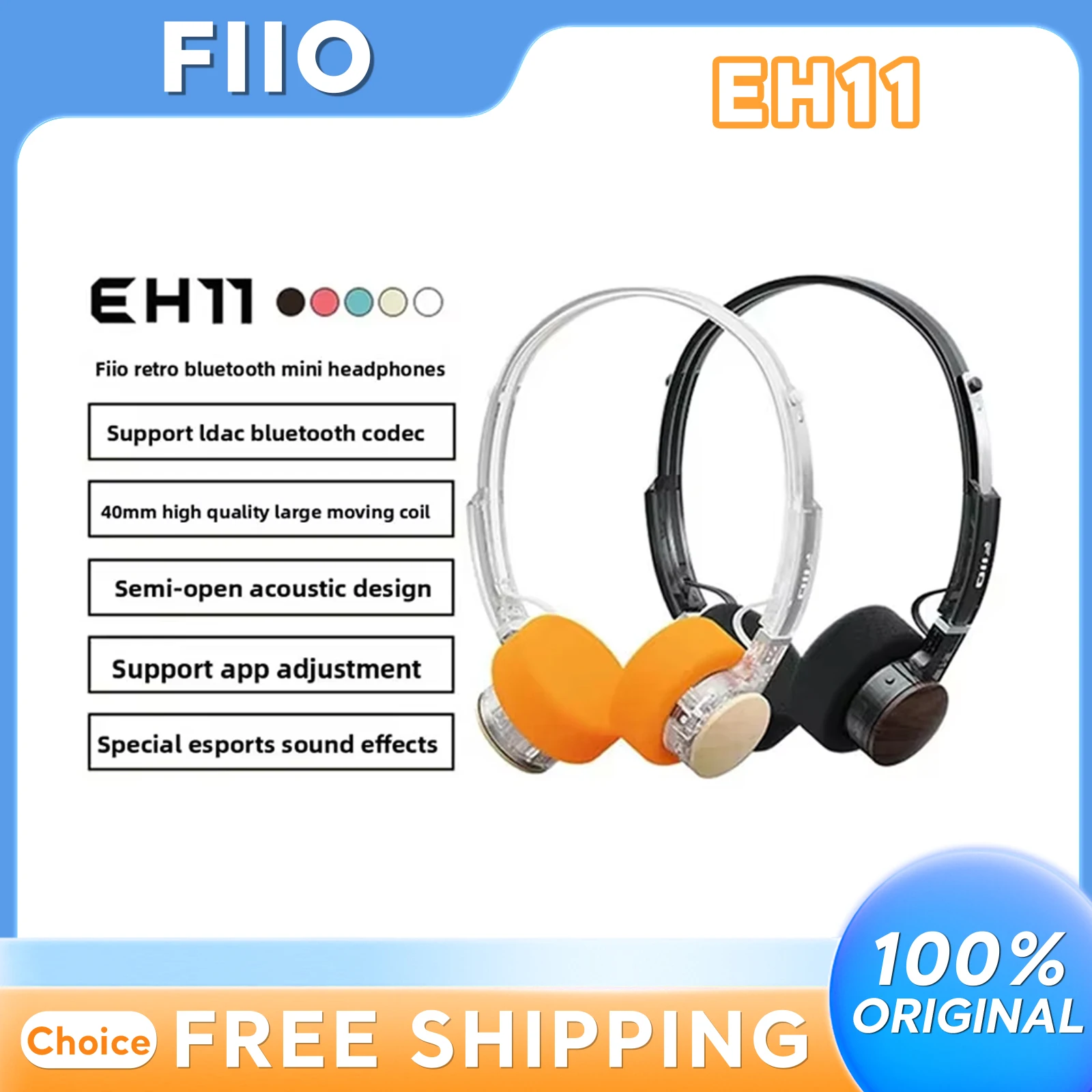 

Наушники FiiO EH11 Retro Wooden Cup Bluetooth 6.0 с кодеком LDAC, 40-мм драйвером, полузакрытые, для игр и музыки, с регулировкой через приложение, Hi-Res Audio