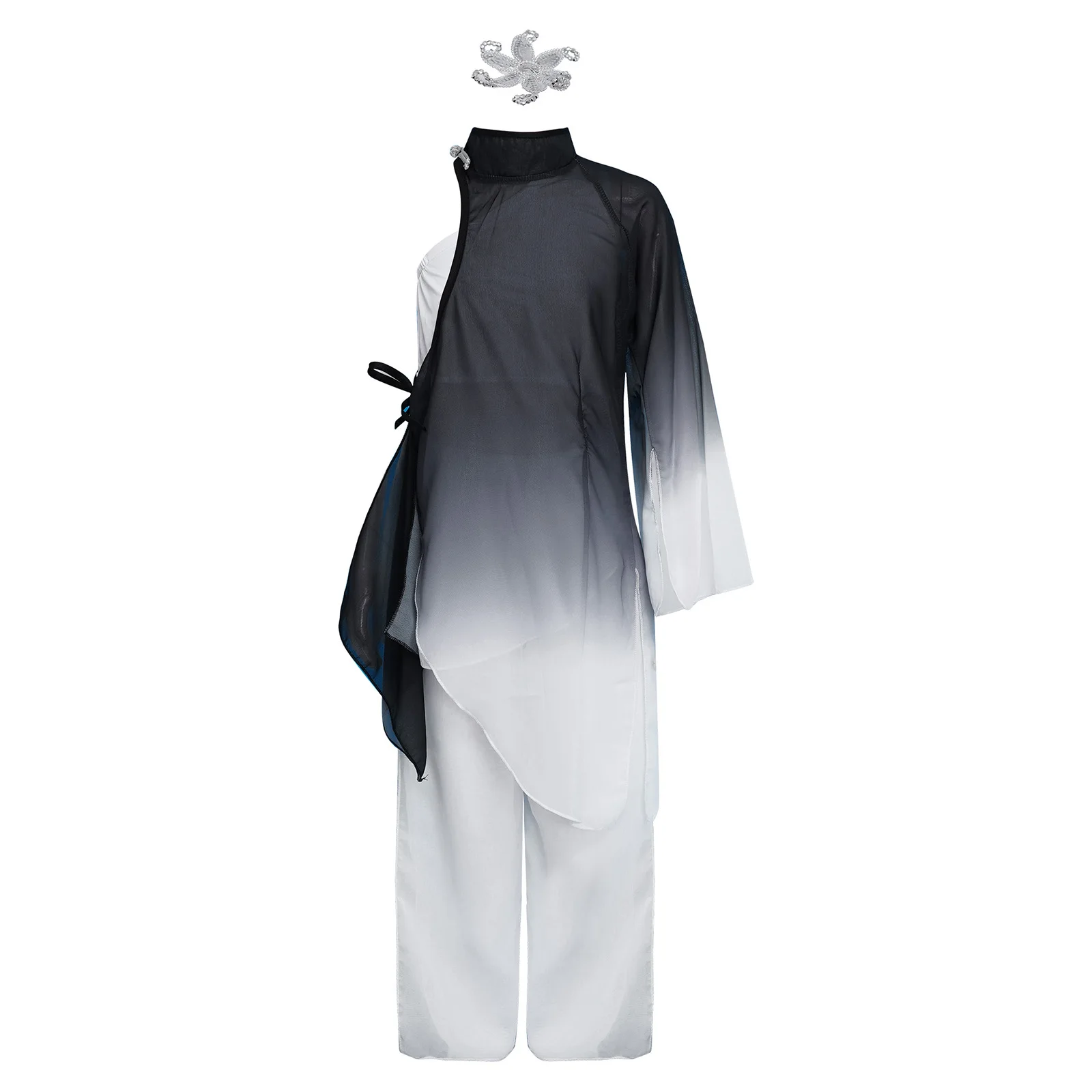 

Детский костюм для выступлений по лирическому и классическому танцу для девочек: топ на одно плечо без рукавов, туника с разрезом, брюки и головной убор