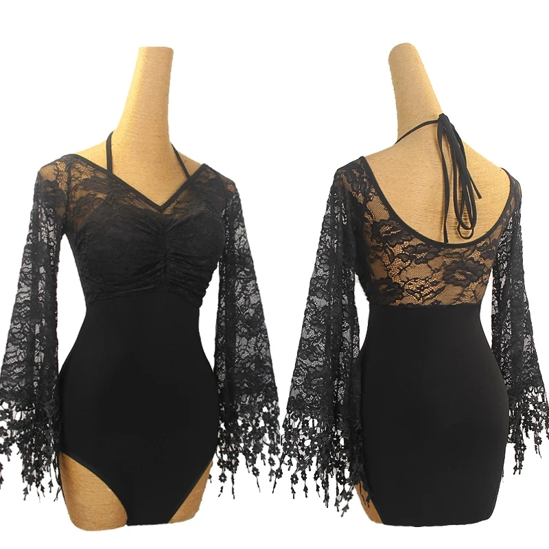 Black Lace Flared Long Sleeves Ballroom Dance Tops Women Latin Dance Clothes Adult Rumba Salsa Dance Performance Wear DNV22048