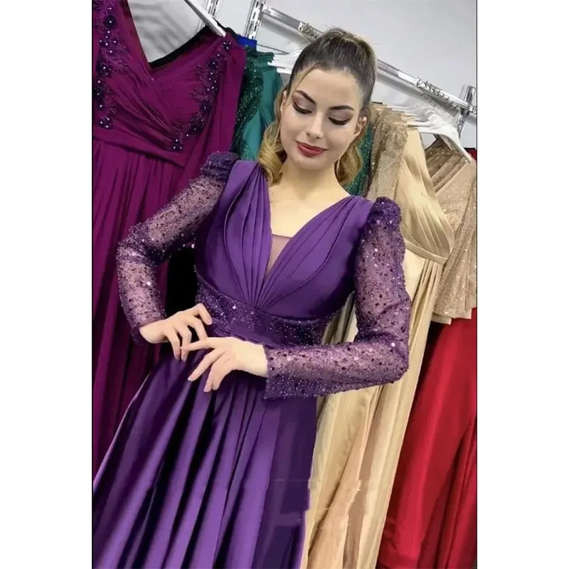 Robe de Soirée Élégante en Satin Violet Foncé pour Femme, Col en V, Manches sulf, Paillettes, Ligne A, Arabe, Dos aux, Bal