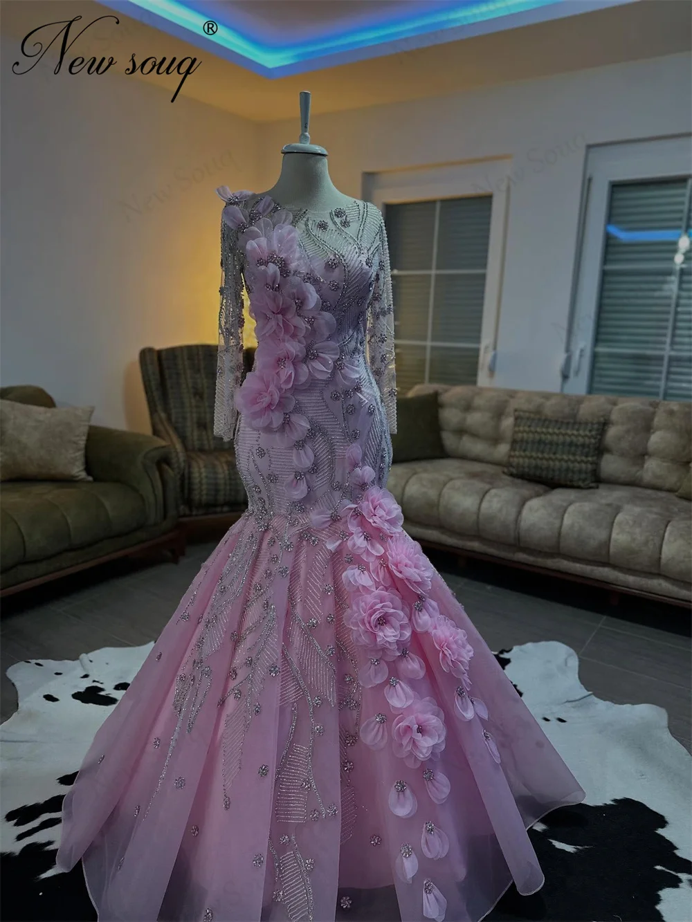 

Customized Pink Mermais Skirt Prom Dresses Beaded 3D Flowers Evening Dress Arabic Dubai Engagement Party Gowns Robes De Soiree