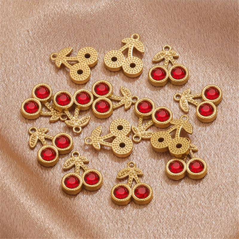 5 Pieces/Lot 18K Gold Plated Stainless Steel Crystal Cherry Charms For Diy Ornament Earrings Necklace Jewelry Making Accessories