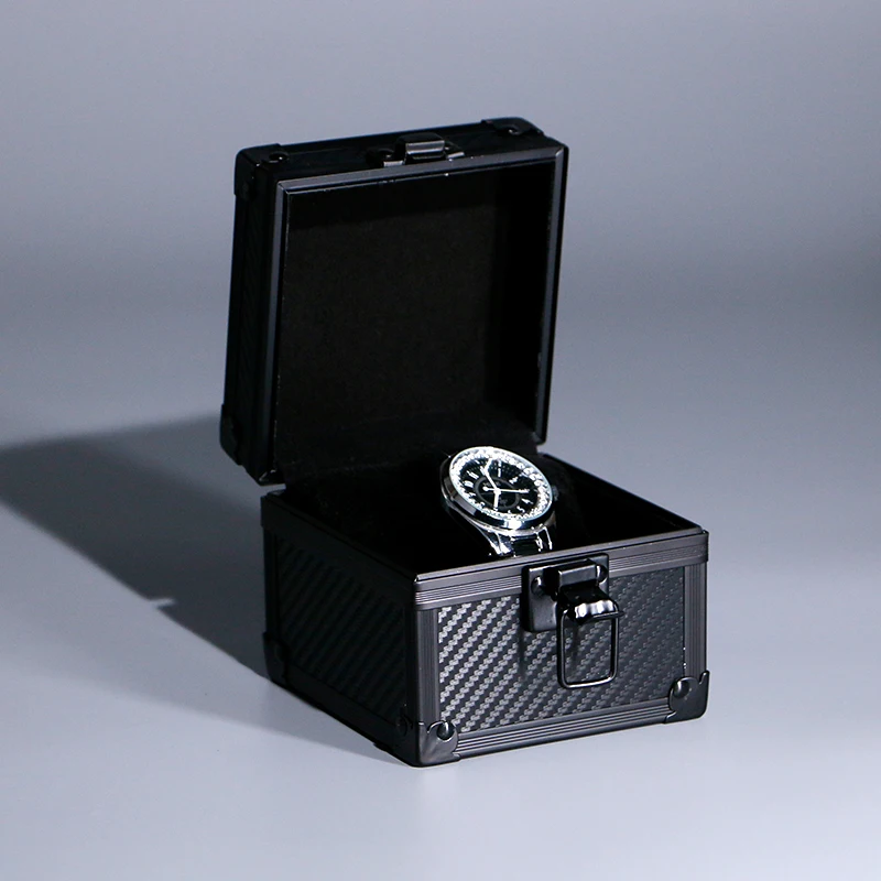 

Роскошный алюминиевый корпус для часов с одним слотом, черная стеклянная крышка, портативный органайзер для хранения, коробка для мужчин, дорожная подарочная упаковка