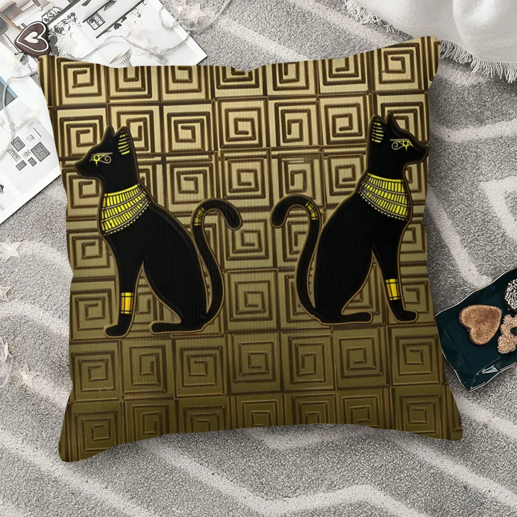 Egyptian Cat Goddess on Gold Ornament Tiles Ancient Art Polyester Cushion Cover For Livingroom Chair Decorative Pillow Cover