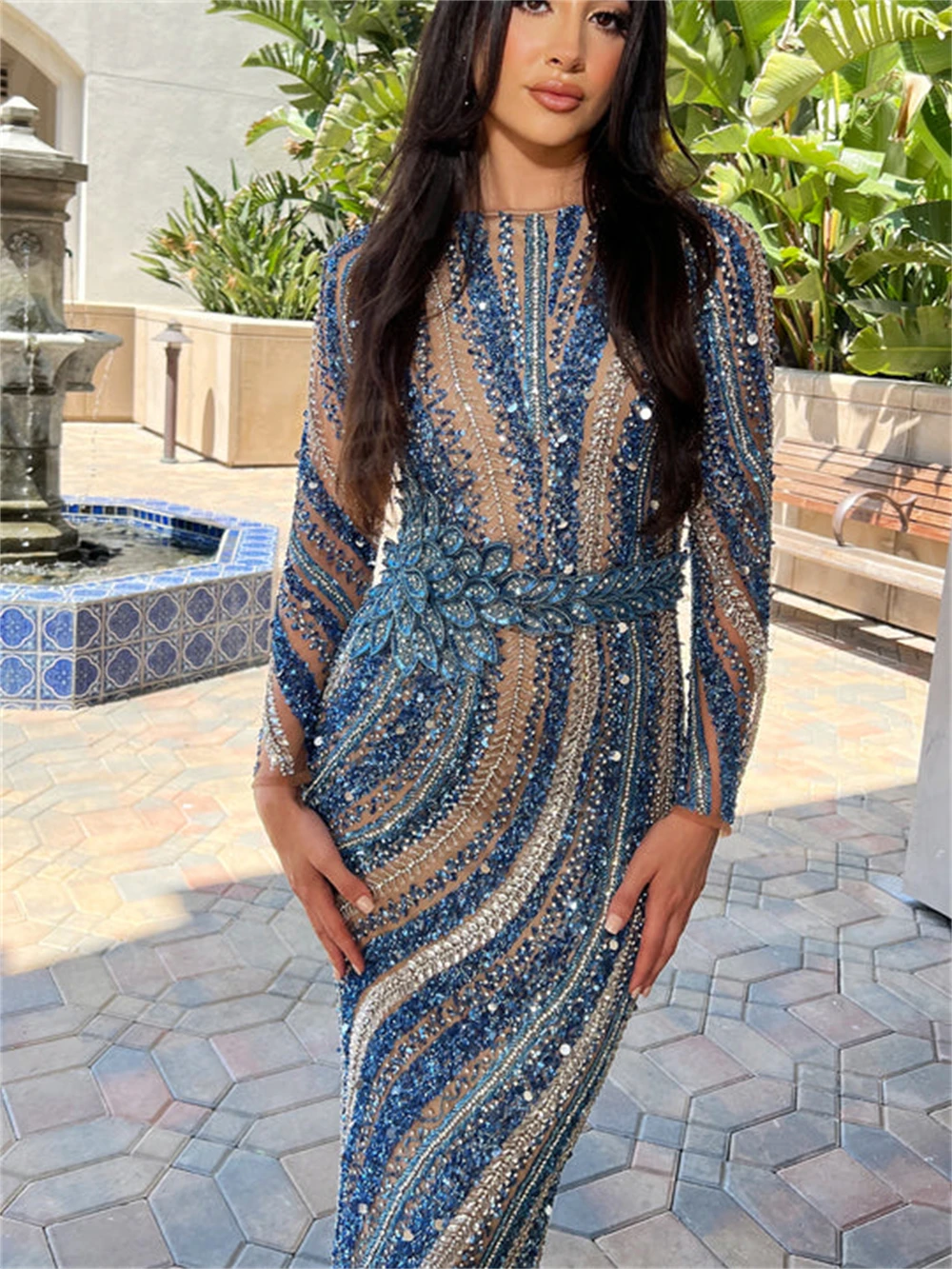 Blue Beaded Sheath Formal Occasion Dress Long Sleeve Prom Elegant O Neck Sexy Illusion Luxury Women Customized Maxi Party Gown