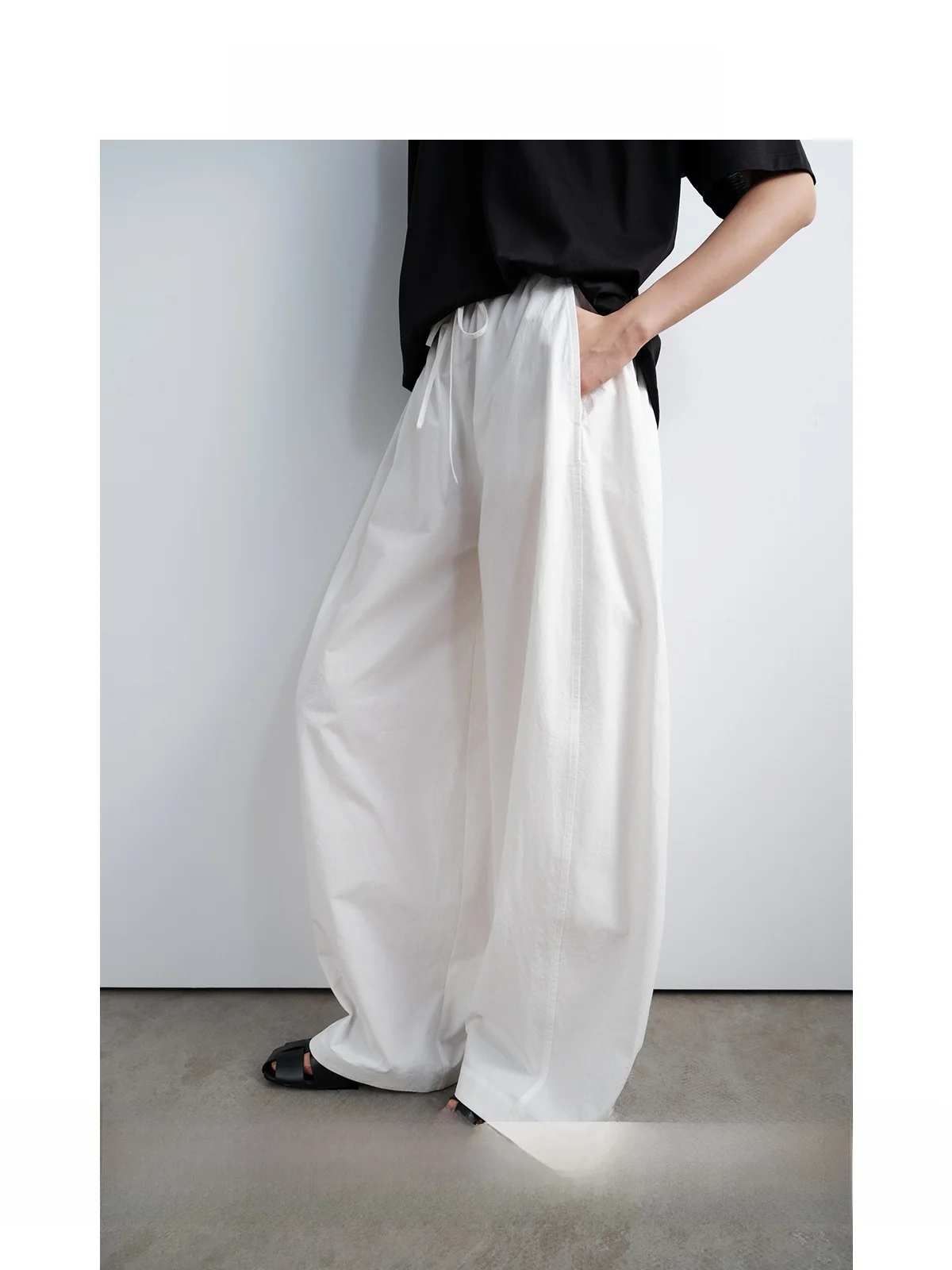 

Jaja Retro Texture Enzyme Washed Cotton Drawstring Chef Pants Asymmetrical Arc Quantity Sensation Women's Casual Trousers