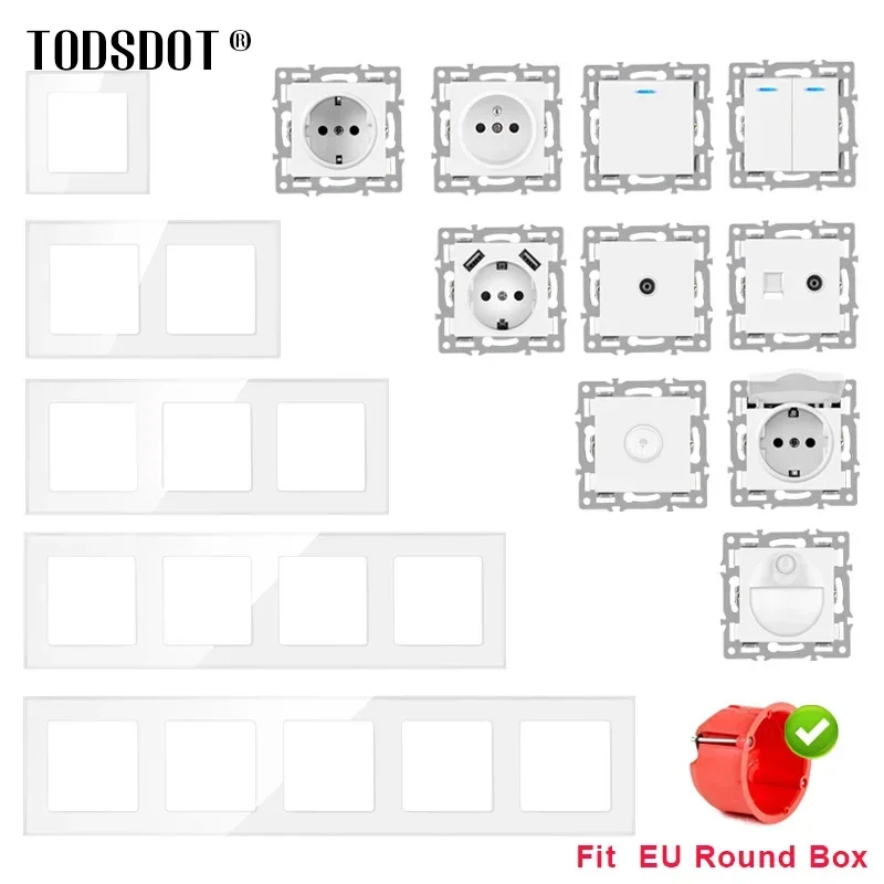 TODSDOT European Standard 16a Wall Mount Power Switch Socket diy Module White Glass Panel Free Combine Button Function Vertical