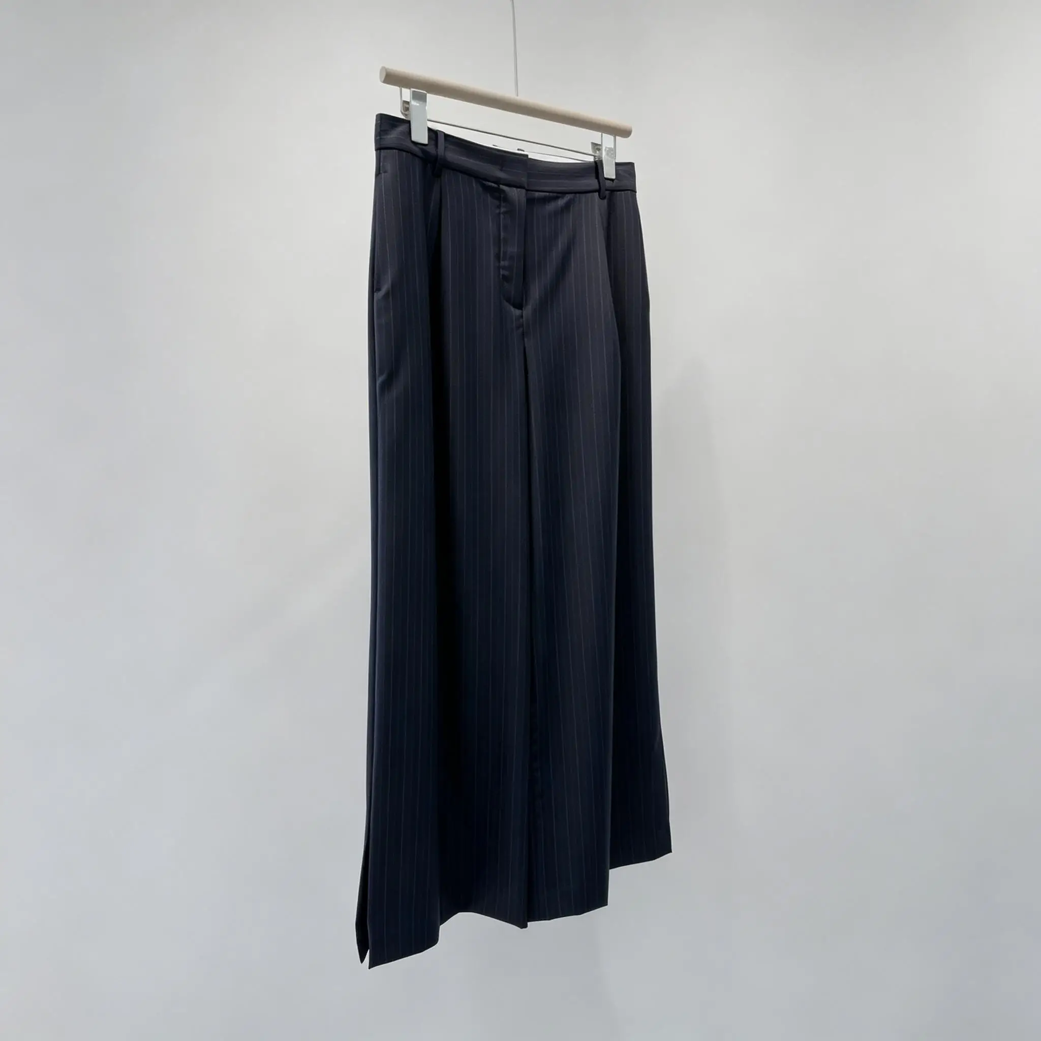 Women's New Autumn Winter Navy Pinstripe High Waist Drape Wide Leg Suit Pants