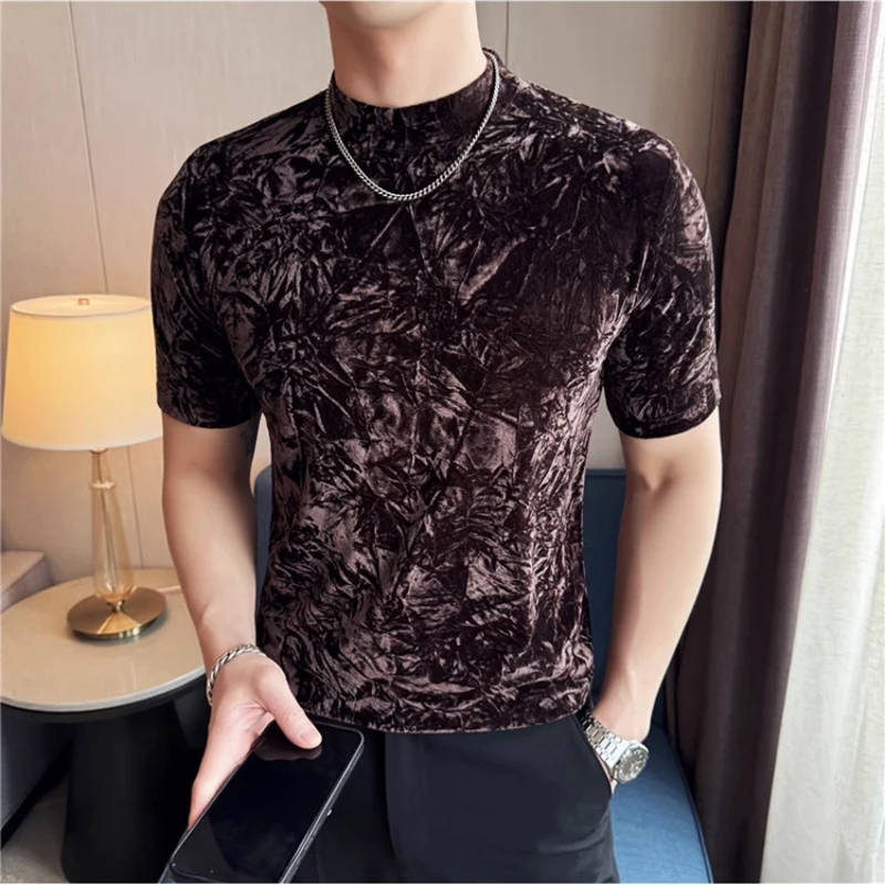 2025 Spring Summer Velvet Short Sleeved T-shirt Men Elastic Half High Neck Base Shirt Casual Business Social Top Men Clothing