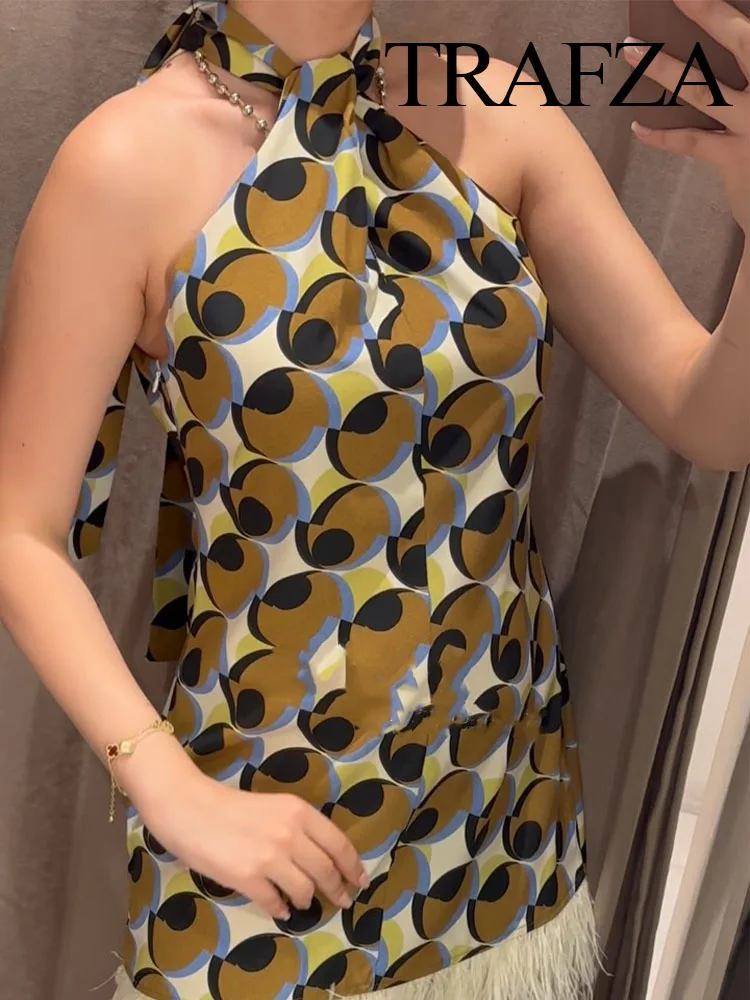 

TRAFZA Women's 2025 Summer Fashion Halter Neck Feather Geometric Pattern Print Dress Female Elegant Sexy Sleeveless Zipper Dress