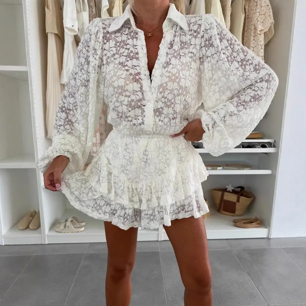 

Summer New Women's Faion Set Long Sve Bubble Sve Turn-down Collar irt f-length Skirt with Lace Hemline Ele