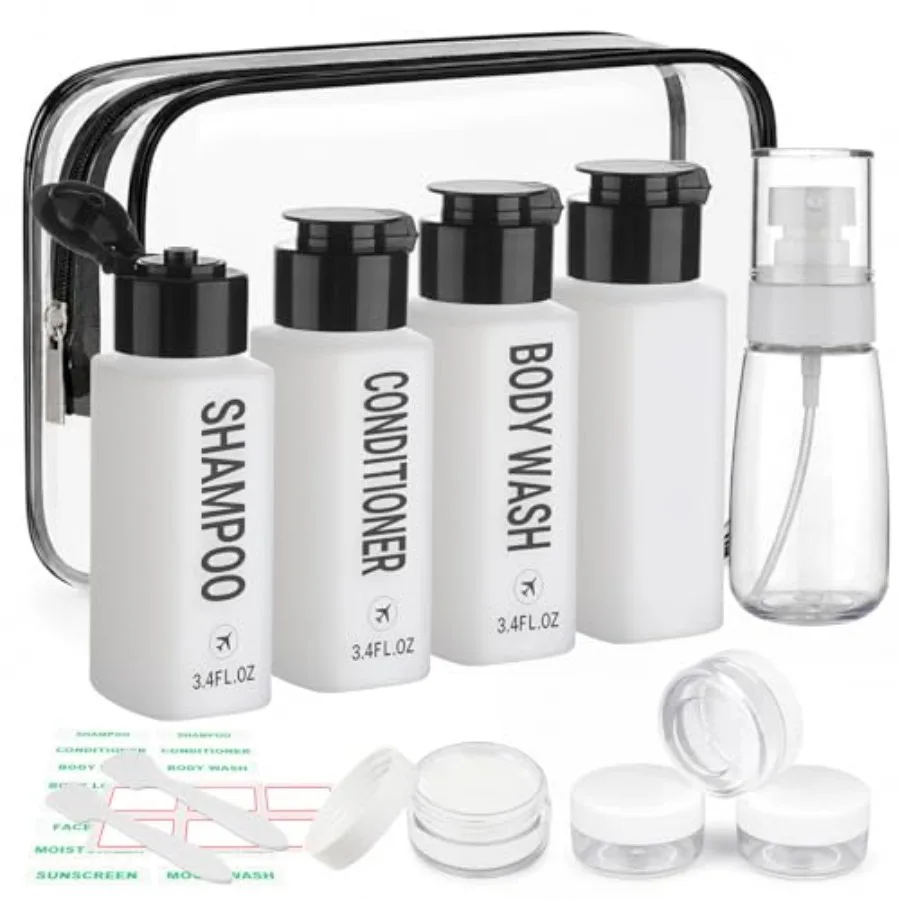 14PCS 3.4oz Travel Bottles for Toiletries Pre-Printed Shampoo, Conditioner, Body Wash, Wide Mouth Containers TSA Approved 2oz T