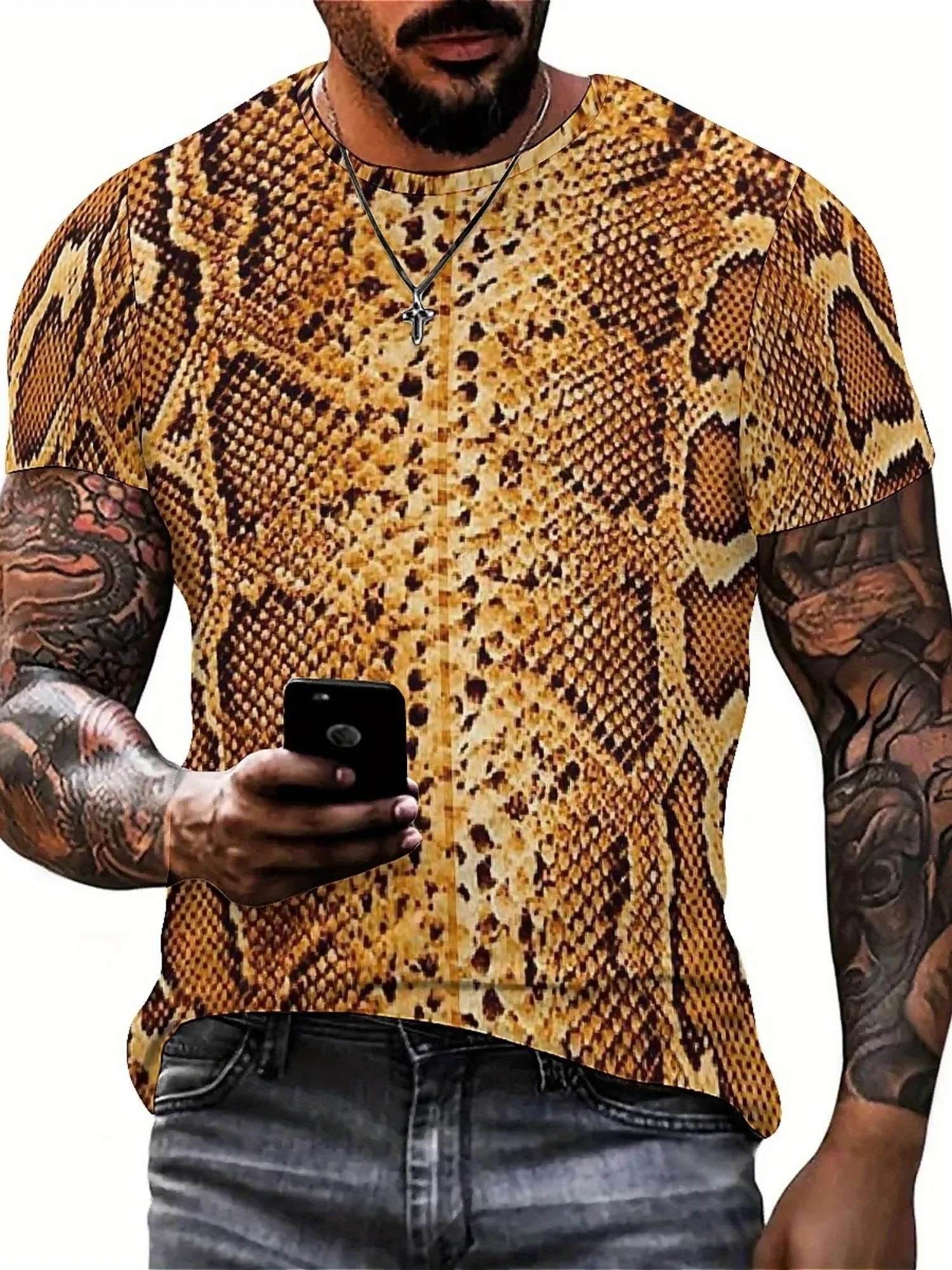 เสื้อยืดกราฟิกงูพิมพ์ลาย 3D สำหรับผู้ชาย - โพลีเอสเตอร์เนื้อนุ่ม แขนสั้น คอกลม สวมใส่สบายทุกฤดูกาล
