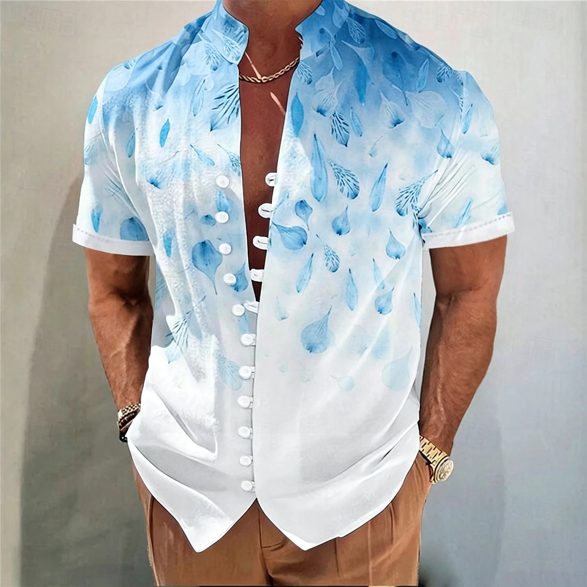 Men's Gradient Ink Painting Petal Short-Sleeve Shirt, Stand Collar, Fold-Button Shirt, Summer Casual Trendy Men's Top