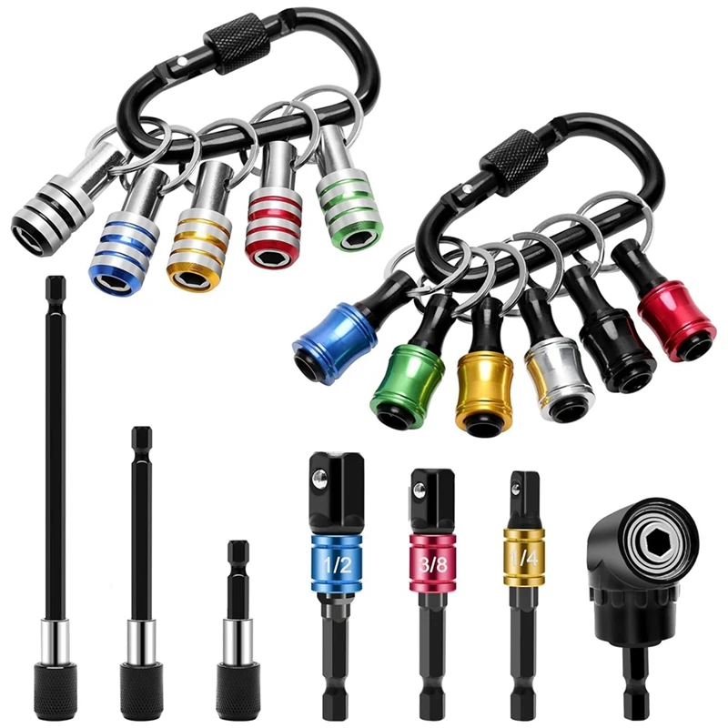 

18PCS Bit Holder Keychain Gadgets,Right Angle Drill Adaptor, 1/4Inch 3/8Inch 1/2Inch Drill Socket Adapter,11P Bit Holder