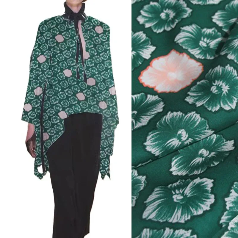 

110CM Wide 12MM Thin Silk Crepe de Chine Fabric for DIY Sewing Summer Dress Pants Pajamas Floral Printed Green Silk Fabric R1851
