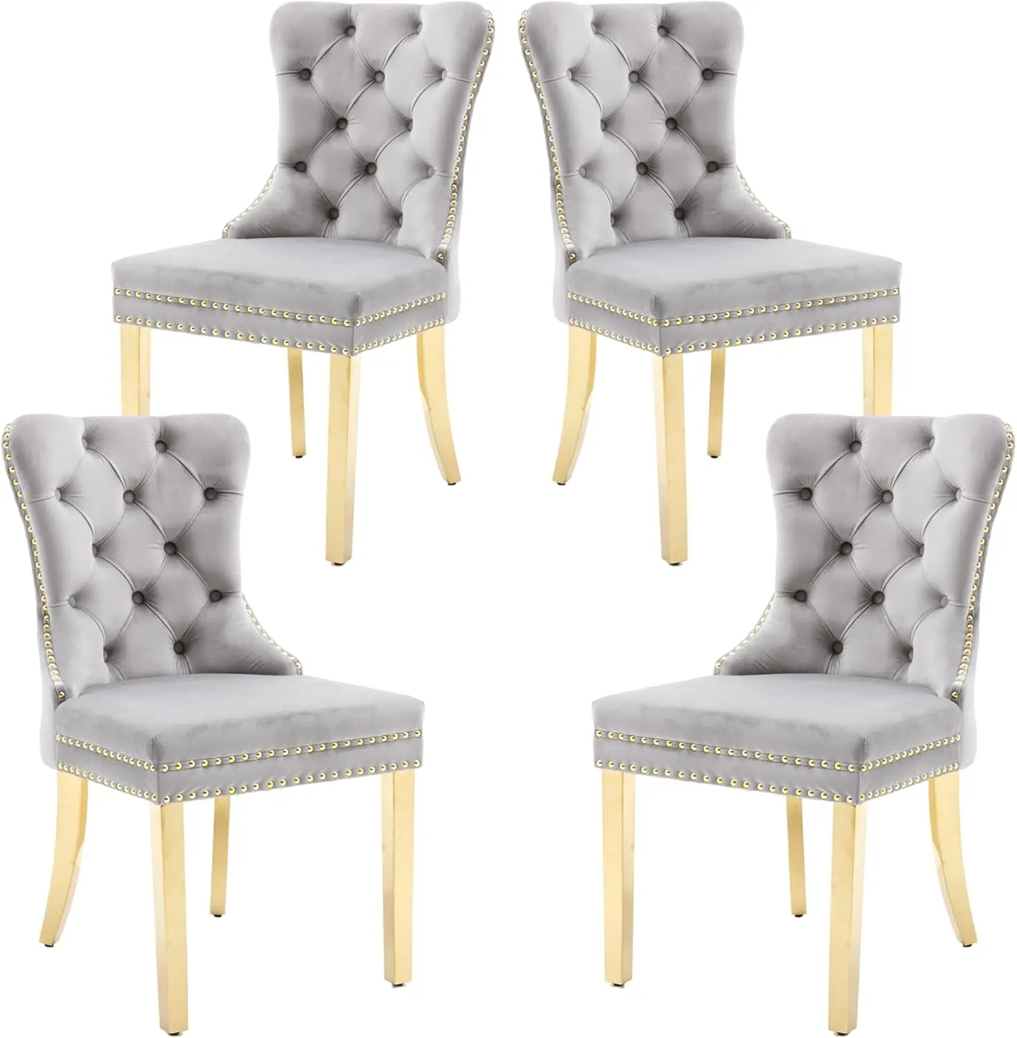 Light Gray,Velvet Dining Chairs Set of 4, Upholstered High-end Tufted Dining Chair with Nailhead Back Ring Pull Trim Stainless S