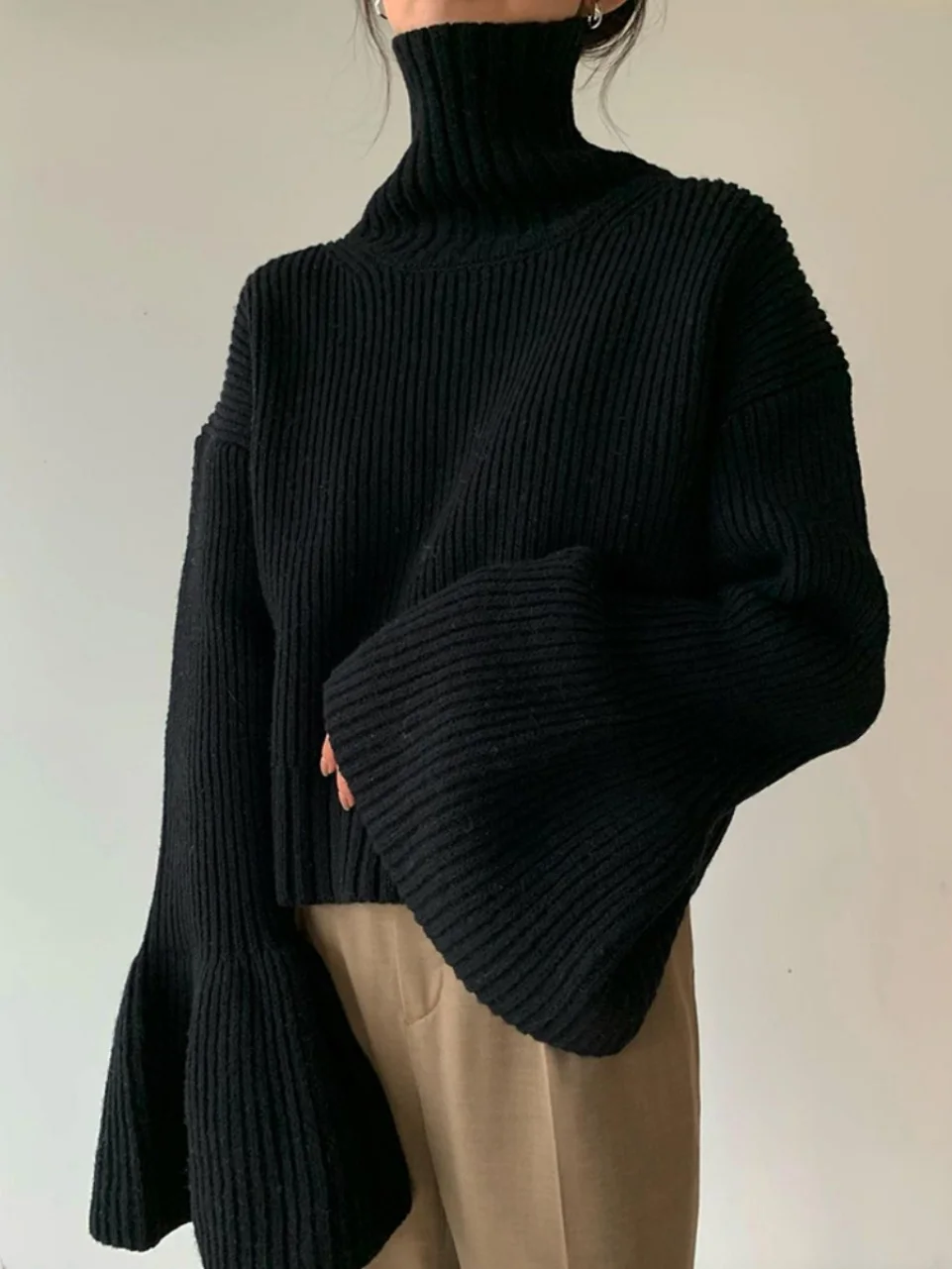 

Вязаный свитер из чистой шерсти с высоким воротником-колокольчиками Winter Faion от Clane Ele Commute Sle Вязаный топ