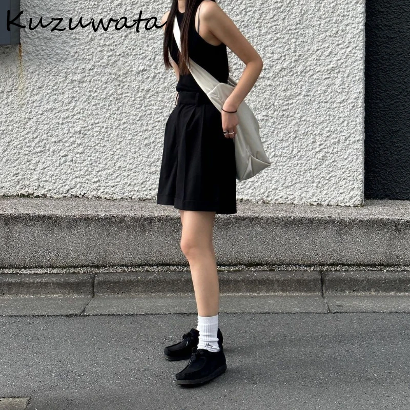 Kuzuwata Fashion High Waist Woman Pants Casual Straight Soft Loose Shorts Japan Early Autumn Ruched Notched Shorts for Women