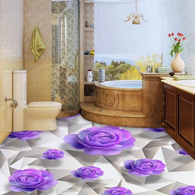 Custom 3D Self-adhesive Wallpaper Purple Rose Living Room Bedroom Bathroom Floor Mural Paintings papel DE parede Waterproof