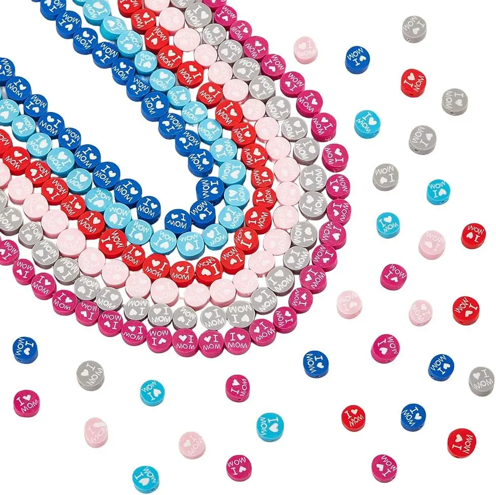 240 Pcs Polymer Clay Beads 6 Colors Mother's Day Theme Polymer Clay Beads Flat Round with Word I Love MOM Soft Pot Spacer Beads