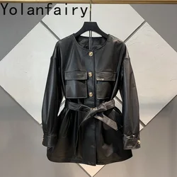 Spring Autumn Real Leather Jacket Women 2024 Genuine Sheepskin Coat Round Neck Single-breasted Waist Belt Black Mid Length Coats