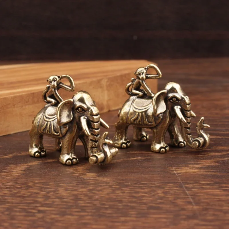 Retro brass Caifu elephant monkey elephant riding tabletop ornament copper carving baby elephant craft bronze ware