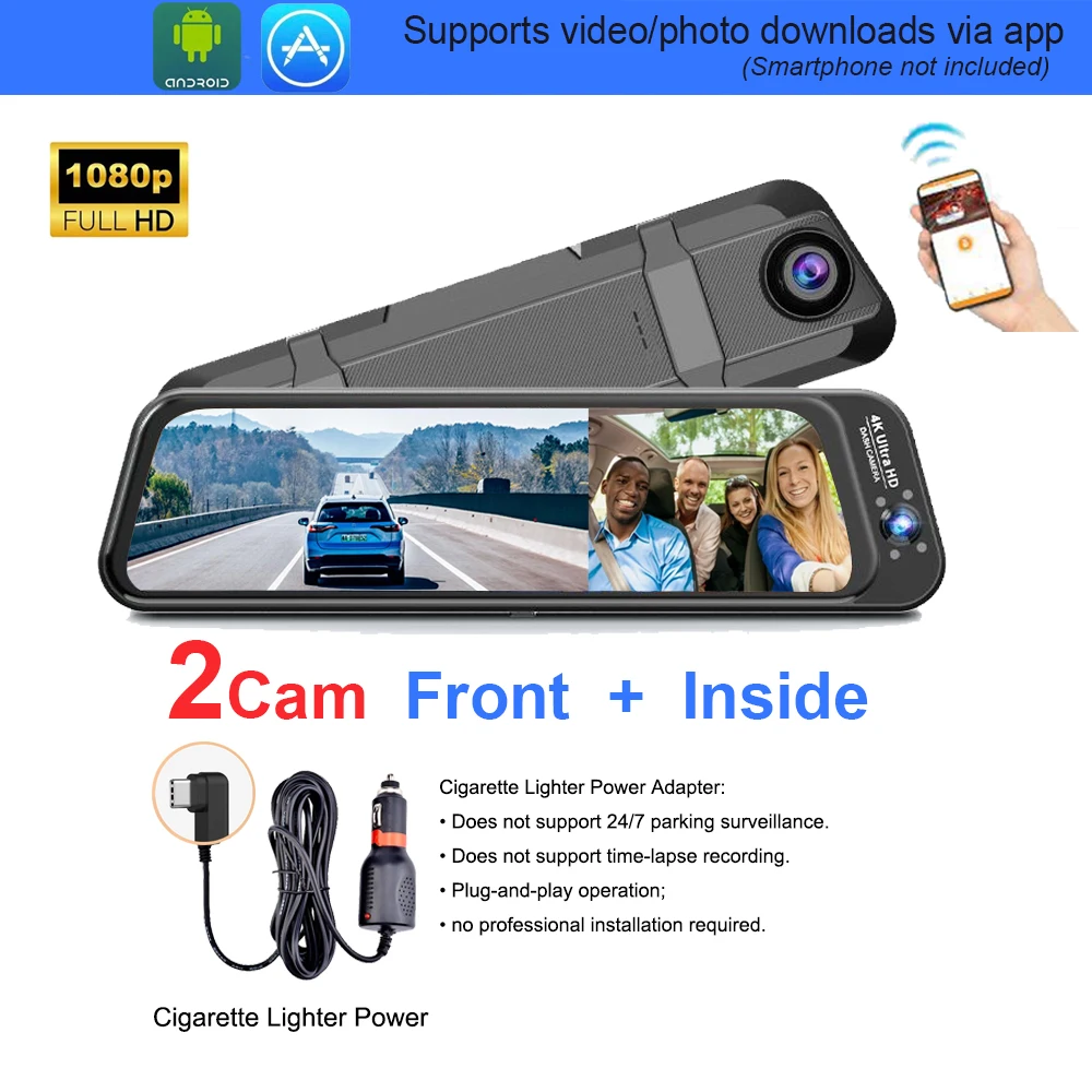 3-lens Fisheye Streaming Dashcam 4K Volledig touchscreen APP-besturing 24 uur parkeermodus Bewegings- en G-sensor Tijdlapse Privacyopname