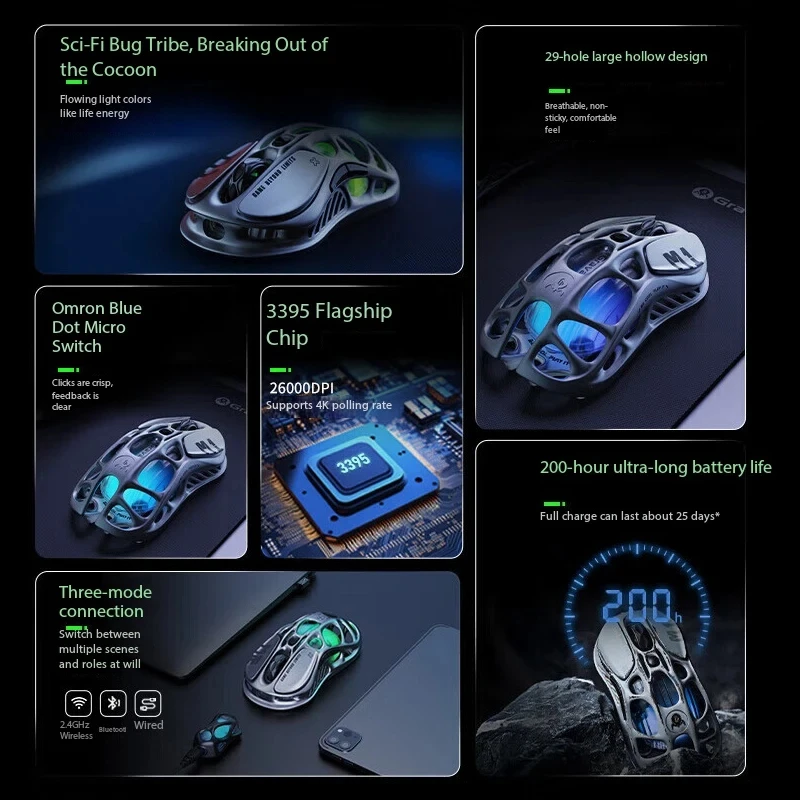 GravaStar Mercury M1 Pro Interstellar Silver M2 Wireless Gaming Mouse Bluetooth Lightweight magnesium alloy Gamer 26000DPI Mouse