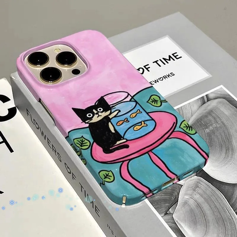 Ins Cute Cartoon Tuxedo Cat Goldfish Bowl Oil Painting Phone Case for iPhone 17 16 15 14 13 Pro Max 12 11 Back Cover view 2