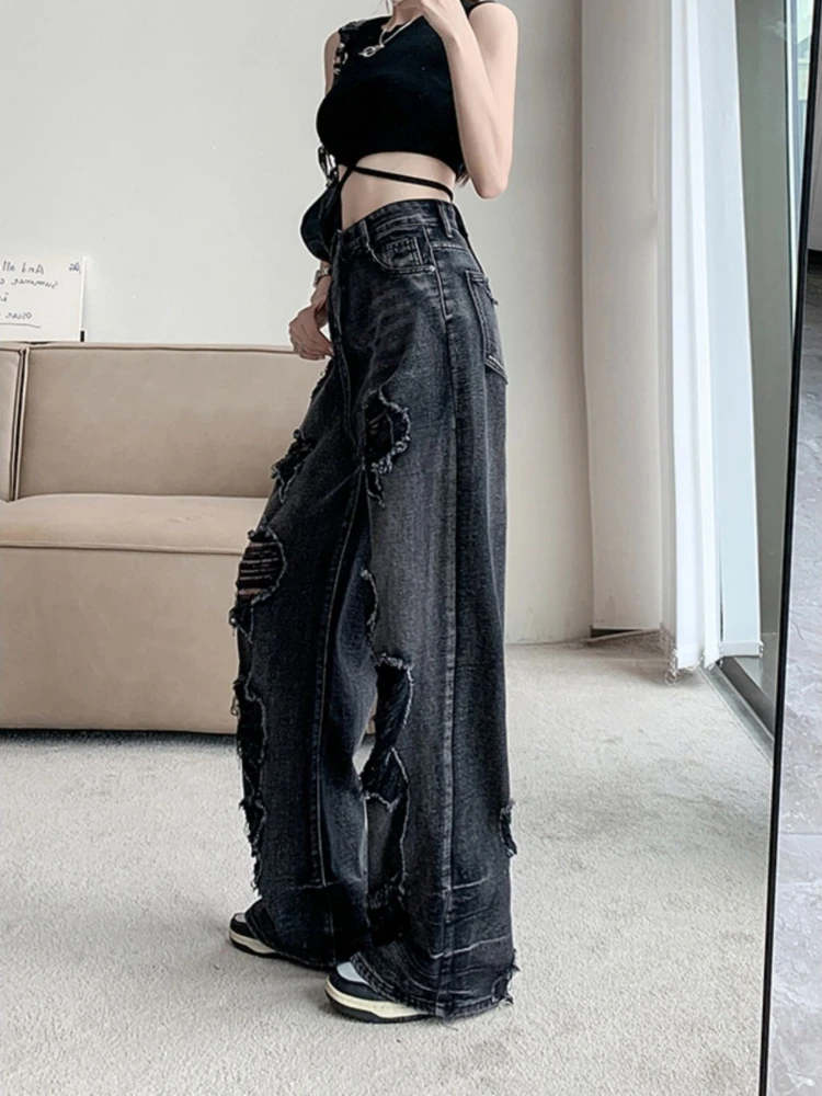 

Distressed Denim Pants Women Gothic Streetwear Summer High Waist Baggy Trousers Edgy Look