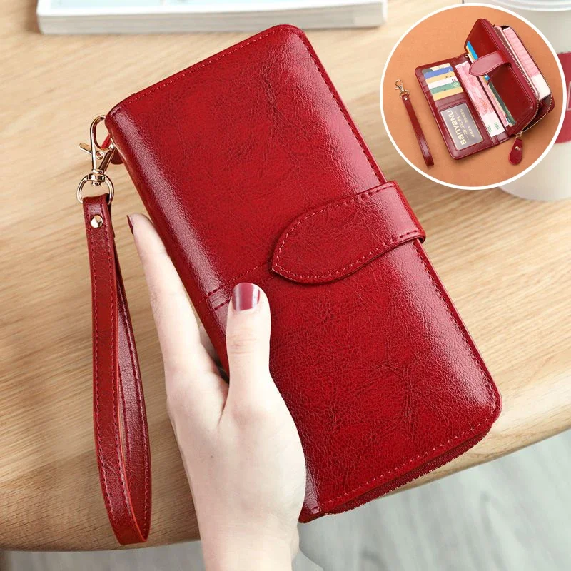 Genuine Leather Fashion Women's Long Wallet Large Capacity Card Holder Wallet Female Purse Multi Functional Red Wristlet Wallets