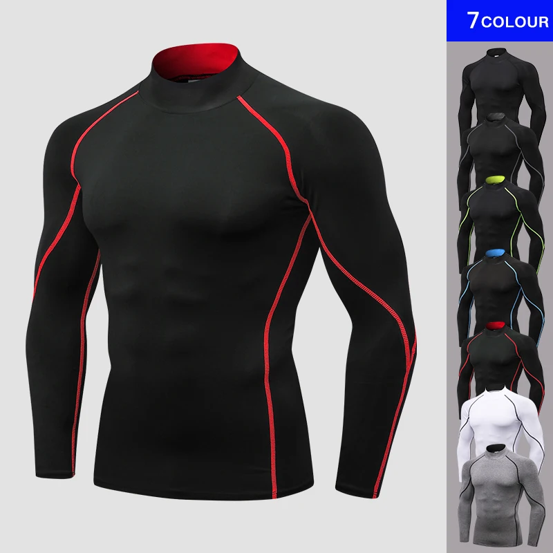 Men's High neck Long Sleeve Compression Shirts Cool Dry Sun Protection Sports Tights Undershirts Running Gym Tops