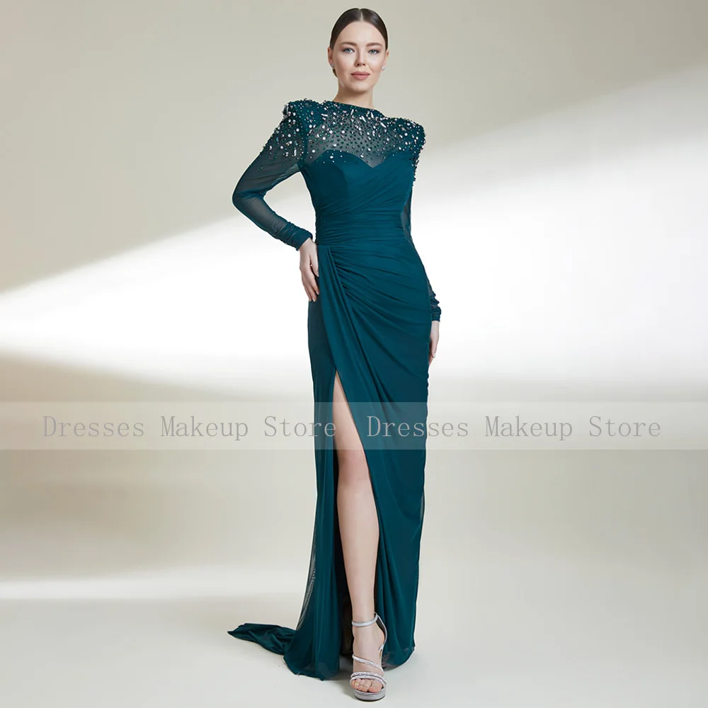 Black Evening Dress Long Sleeves Mermaid/Trumpet Luxury  Gowns Crystal O Neck Side Slit Elegant Wedding Guest  2023