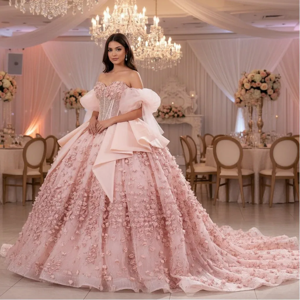 

Роскошное платье Quinceanera Rosymae с пышными 3D цветами и съемным бантом в комплекте для девочек, платье для особых случаев