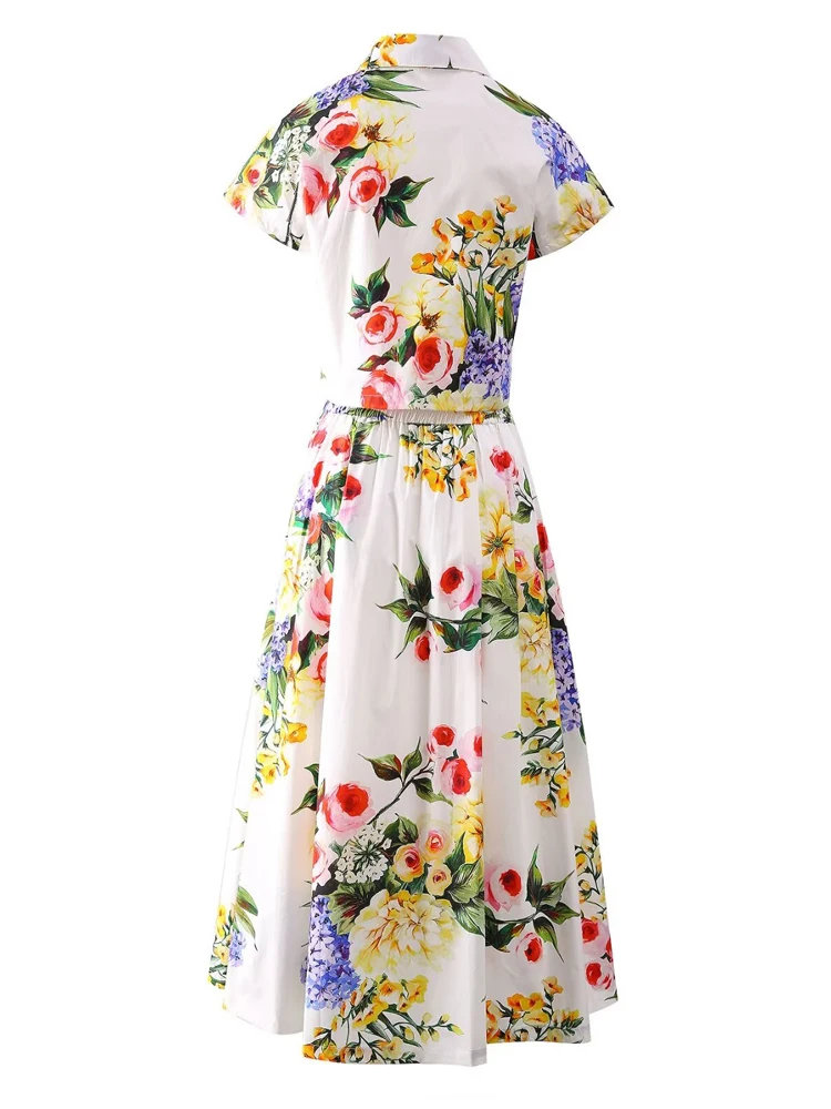 AELESEEN Siciliam 2 Pieces Cotton Set Women Summer Turn-down Collar Flower Print Short Blouse + High Waist Skirt Elegant Set