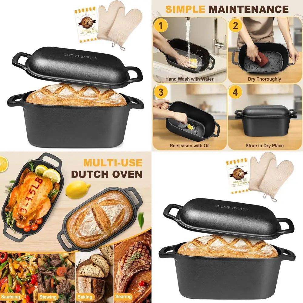 

Pre-Seasoned Cast Iron Dutch Oven, 7 Quart Oval Pan with Lid for Evenly Baked Sourdough Bread