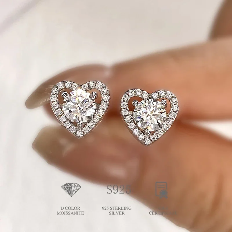 

0.5CT D Color Moissanite Heart Halo Stud Earrings 925 Sterling Silver Jewelry for Women Wedding Gift Valentine Anniversary