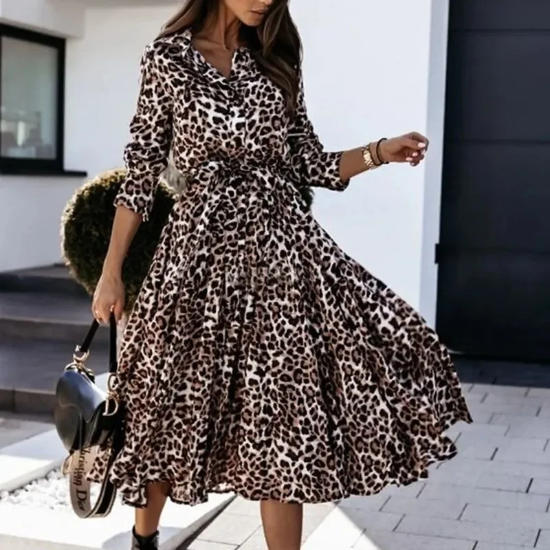 2023 Autumn/Winter Womens Turn Down Collar Long Sleeve Leopard Print Medium Sleeve Large Swing Lace Up Elegant Sexy Style Dress