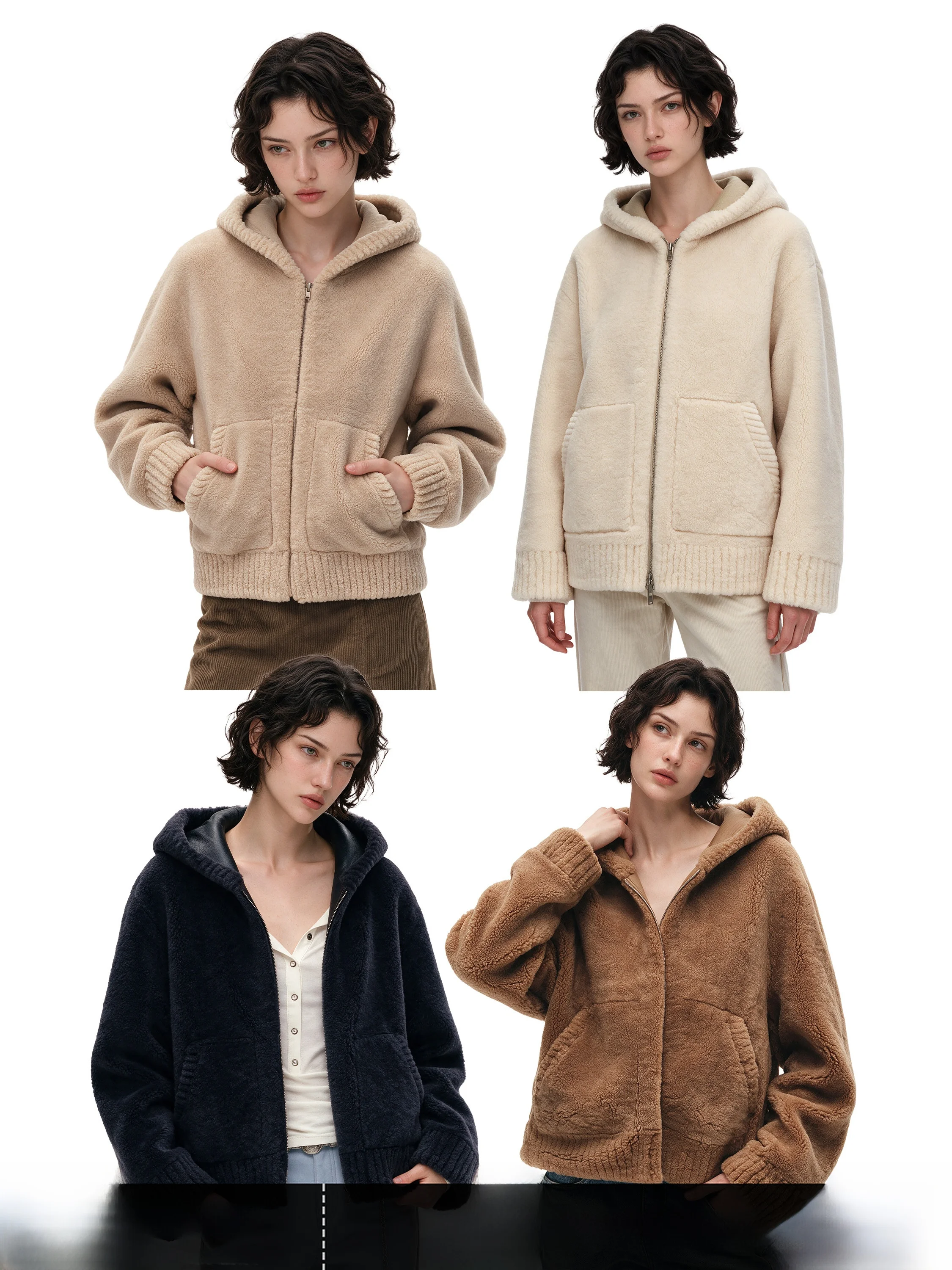 Eco-Friendly GOGO BURN Brown Hooded Merino Fur Jacket Women's Autumn Winter Coat Short Zipper Closure No Fur Collar