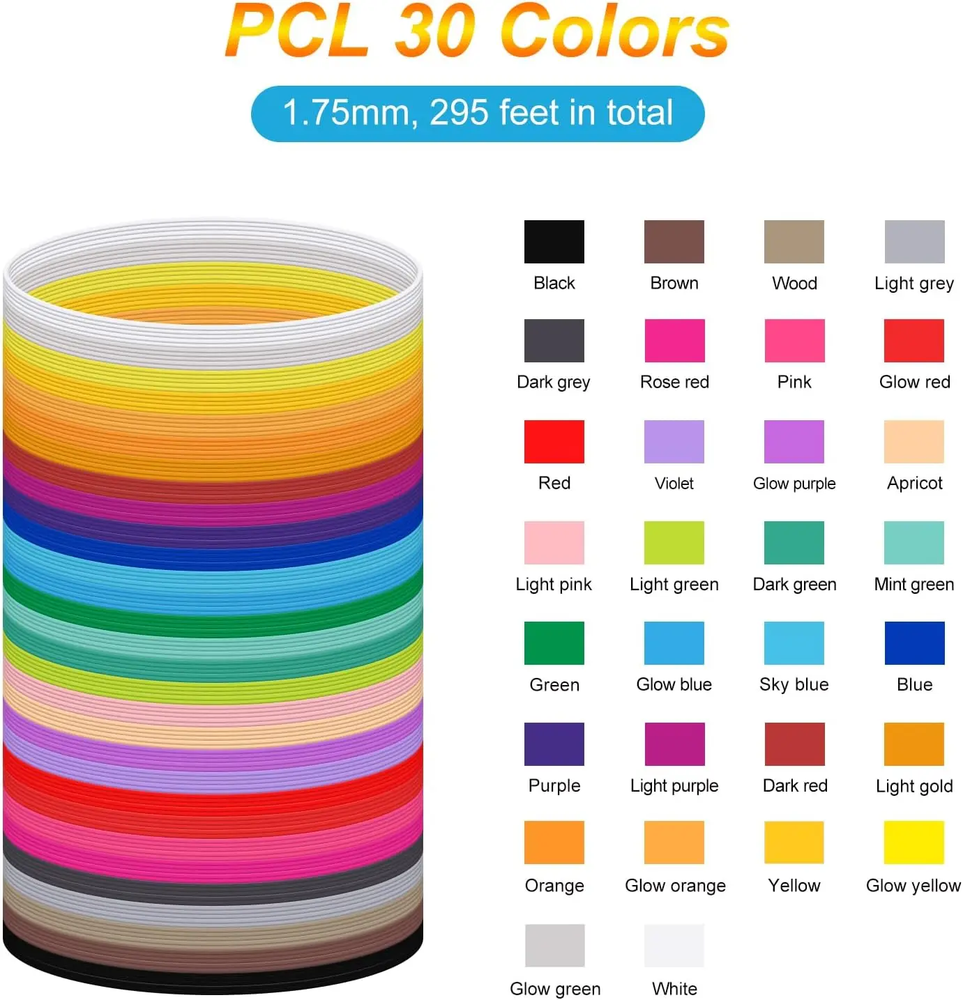 30 Colors PCL Filament: 30 Vibrant Colors 1.75mm 3D Pen Refills - Low Temperature Safe for Kids Clog-Free Performance