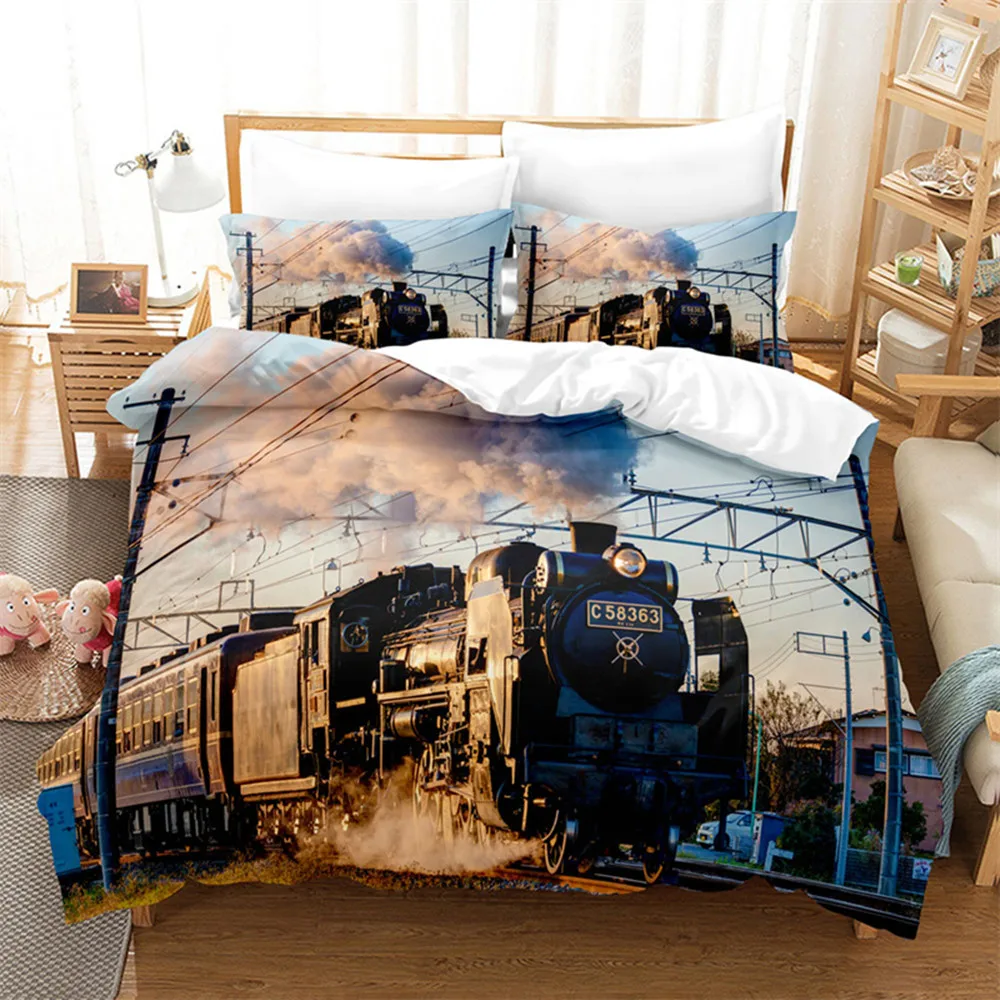 3D Steam Engine Train Duvet Cover Locomotive Train on Steel Railway Track Travel Adventure Graphic Quilt Cover with Pillowcases