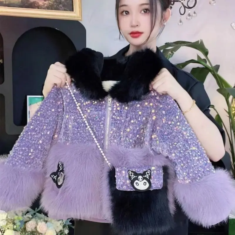 Nuovo Kawaii Sanrio Kuromi autunno inverno ragazza vestiti invernali cartone animato con cappuccio Color Block Plus velluto ispessimento regali di