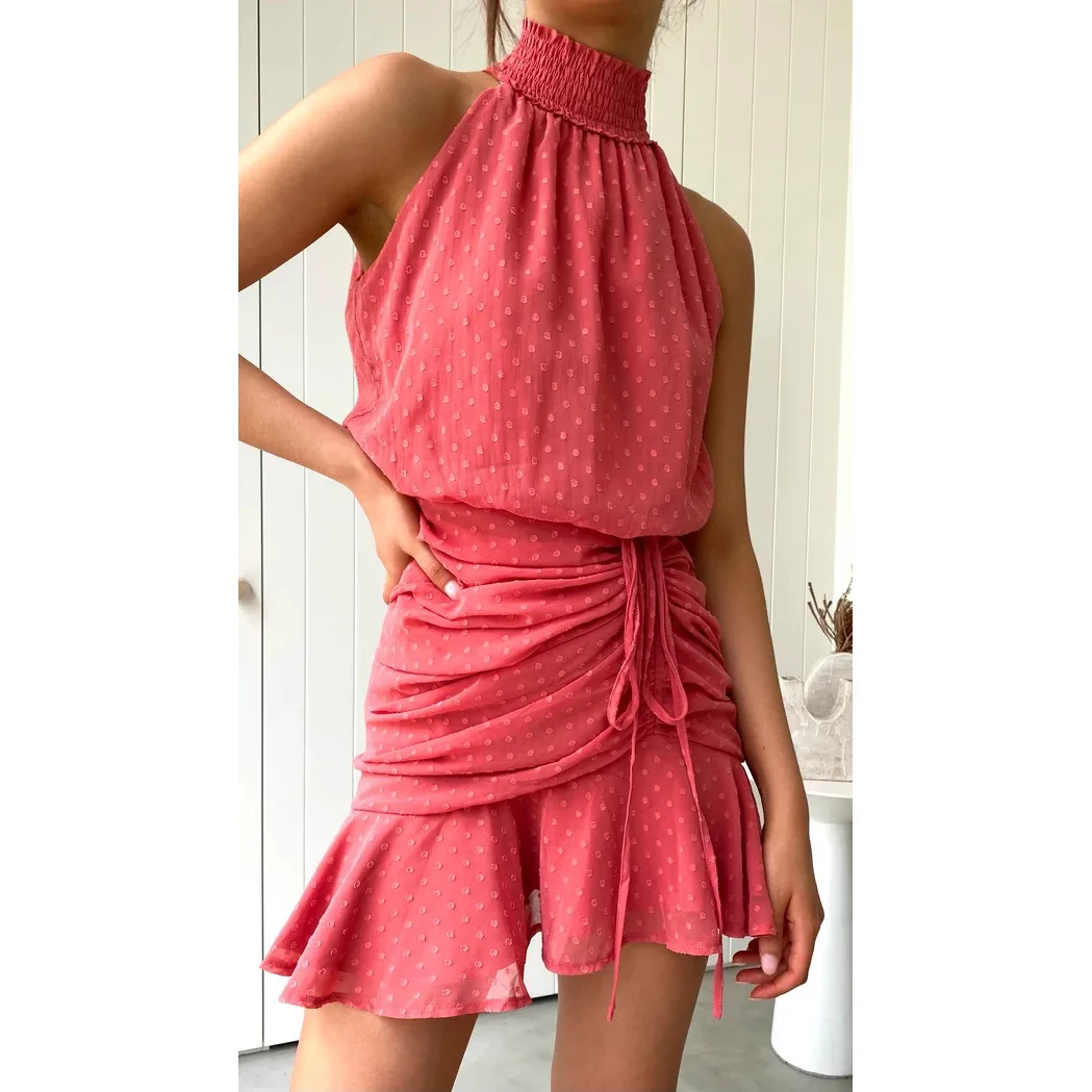 

2025 Spring/Summer New Small Fresh Sweet Drawstring Hanging Neck Chiffon Dress 22042