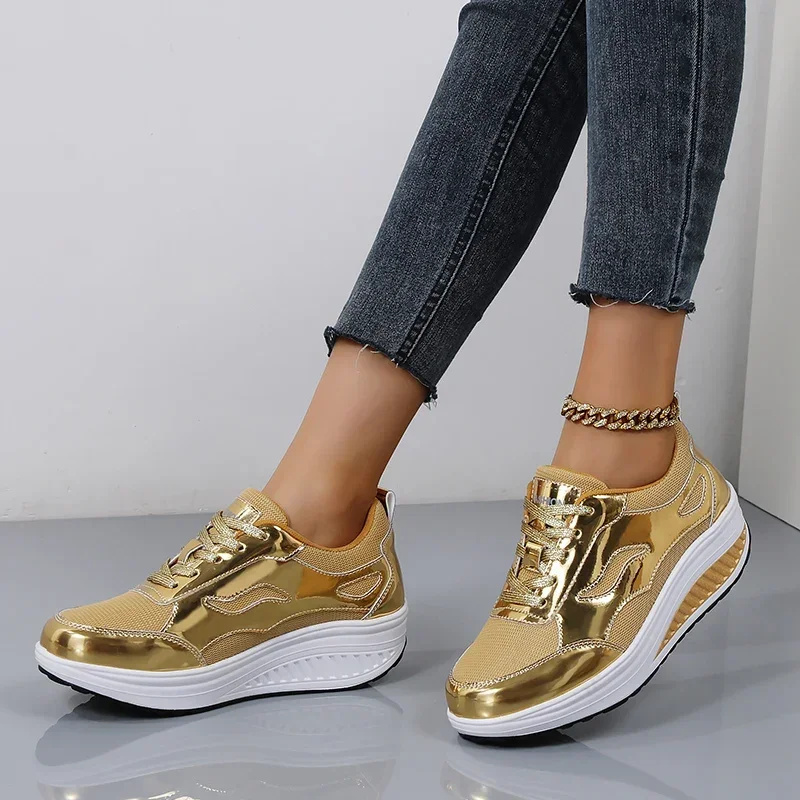 Female Plus Size 35-43 Running Sport Shoes Gold Silver Women Athletic Sneakers Breathable Lady Girl Walking Training Shoes