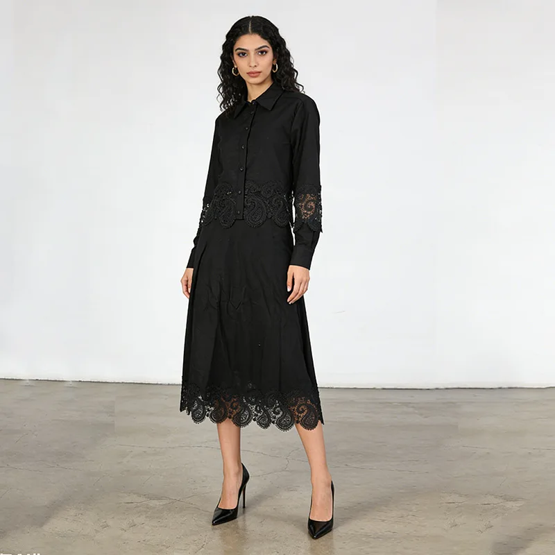 

Pure Color Shirt Collar Lace Skirt Set Single Breasted Puff Sleeve Hollow Out Top + solid Embroidery High Waist Skirt 2026 New